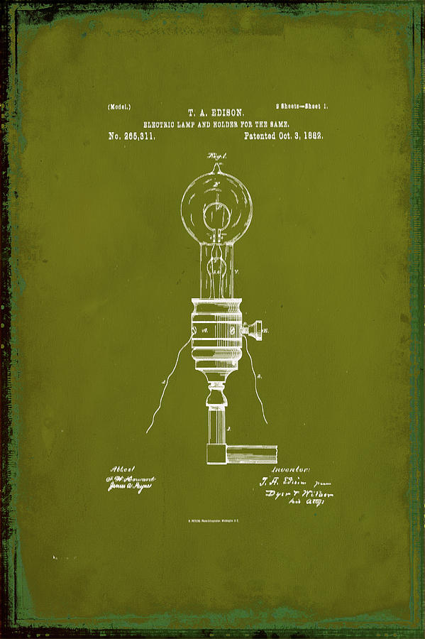 Electric Lamp and Holder Patent Drawing 2j Mixed Media by Brian Reaves ...