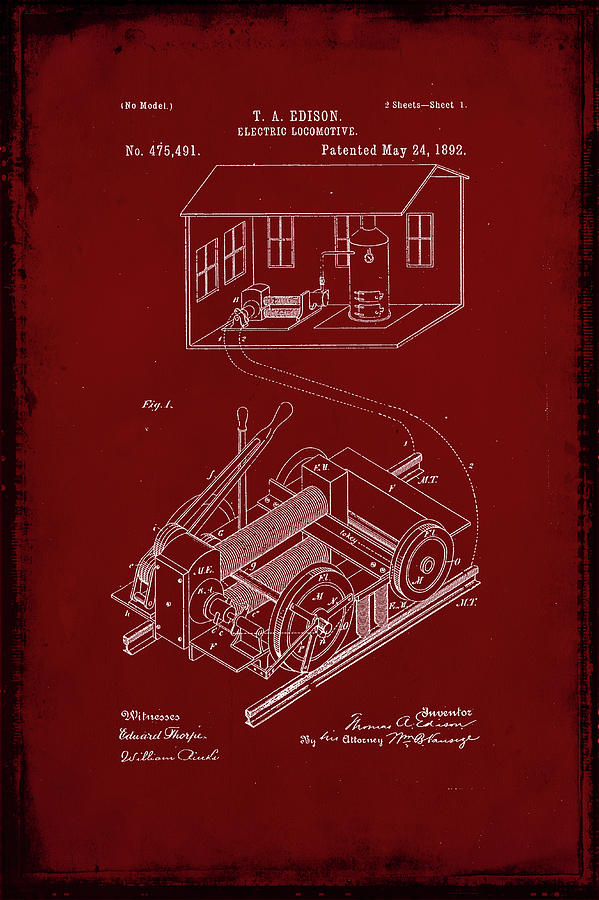 Electric Locomotive Patent Drawing 1c Mixed Media by Brian Reaves