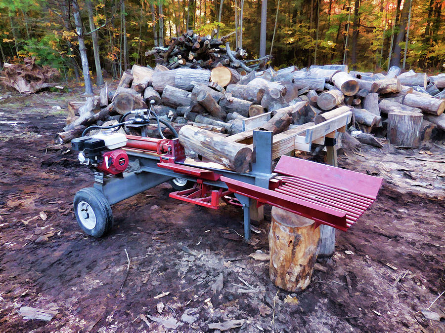 Electric log splitter with wood and trunks Painting by Jeelan Clark