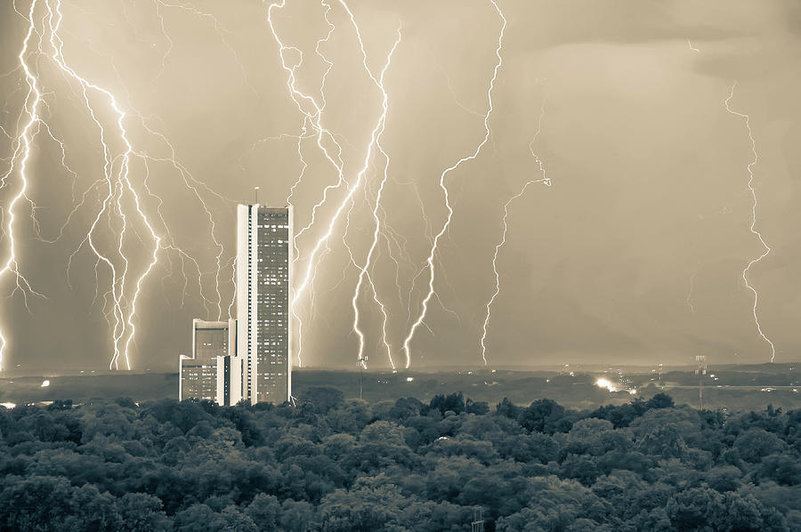 Electric Night - Cityplex Towers - Tulsa Oklahoma Sepia Photograph