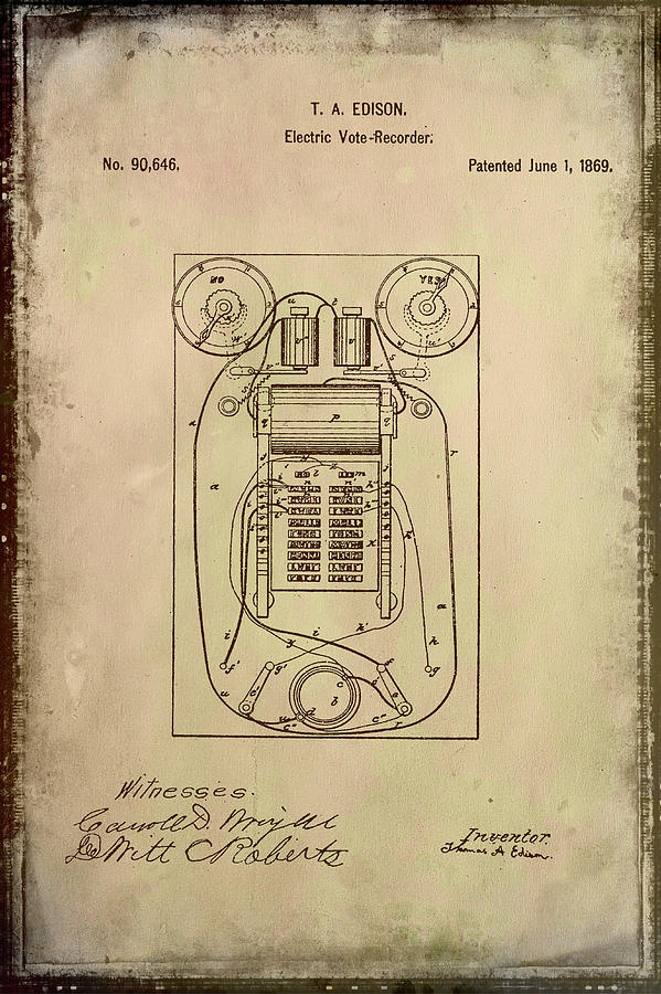 Electric Vote Recorder Patent Drawing 1b Mixed Media by Brian Reaves