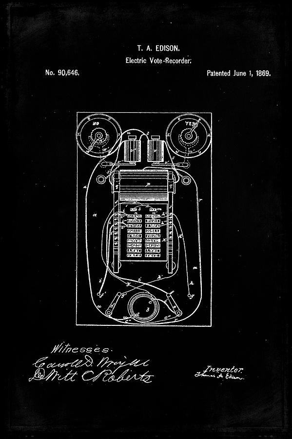 Electric Vote Recorder Patent Drawing 1f Mixed Media by Brian Reaves