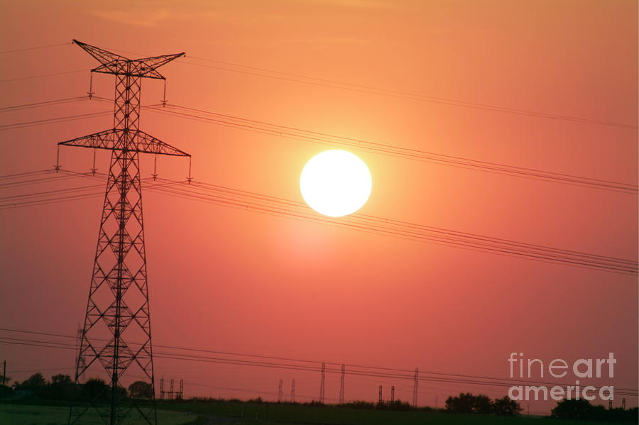 Landscape Photograph - Electrical pylon at silhouetted at sunset by Sami Sarkis