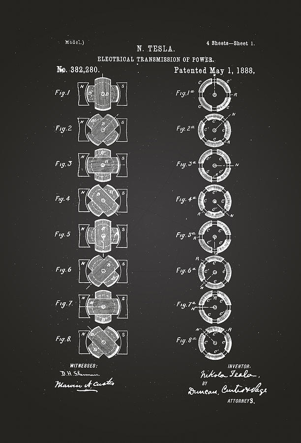 Electrical Transmission Of Power Nikola Tesla Patent Drawing From 1888 Chalkboard Drawing By 7083