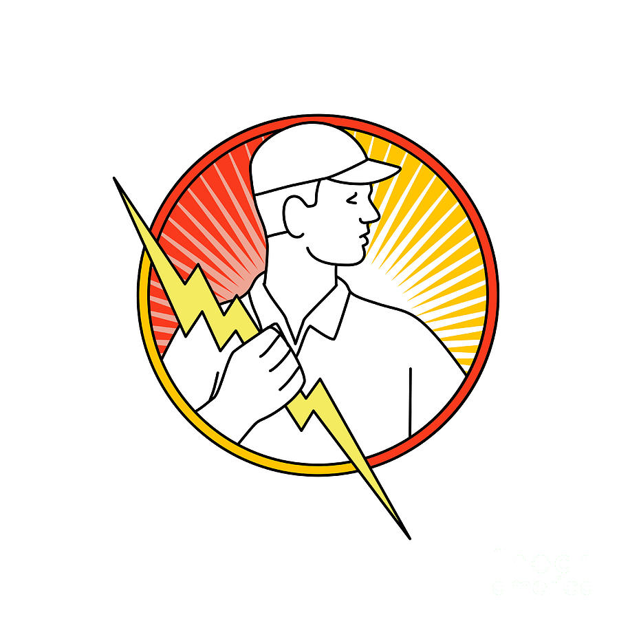 Electrician Holding Lightning Bolt Circle Monoline Digital Art