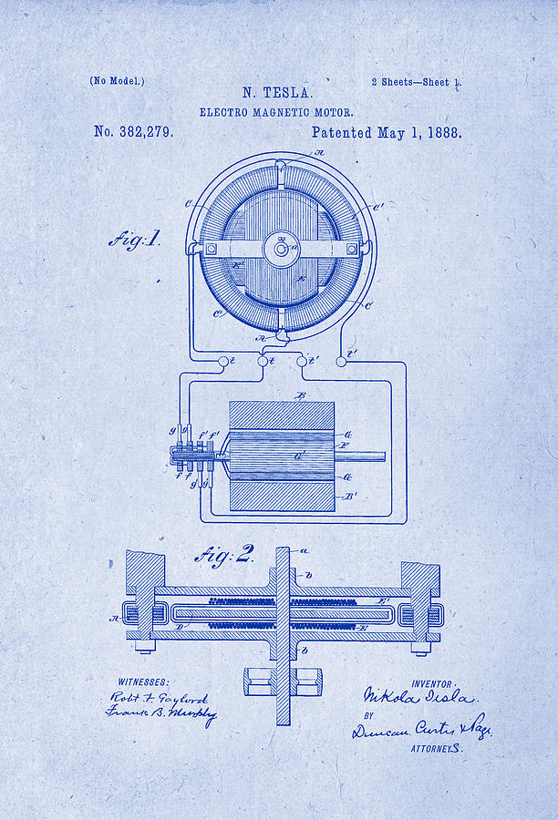 Electro Magnetic Motor - Nikola Tesla Patent Drawing from 1888 ...