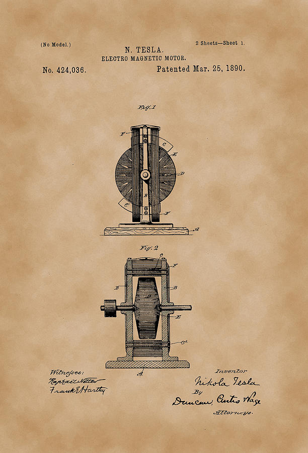 Electro Magnetic Motor - Nikola Tesla Patent Drawing from 1890 ...