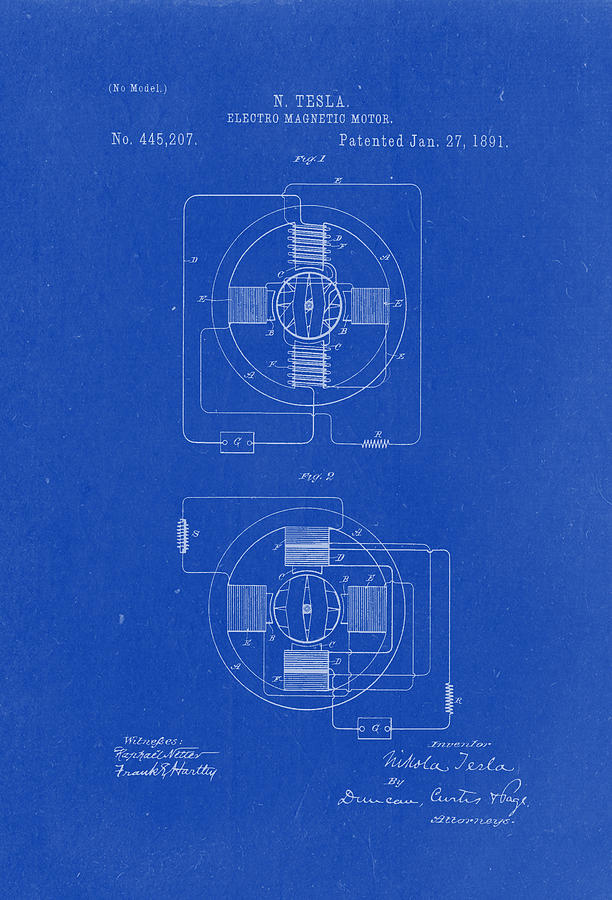 Electro Magnetic Motor - Nikola Tesla Patent Drawing from 1891 ...