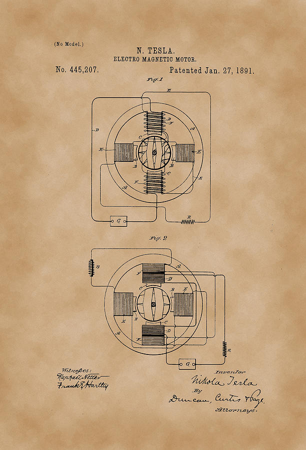 Electro Magnetic Motor - Nikola Tesla Patent Drawing from 1891 ...