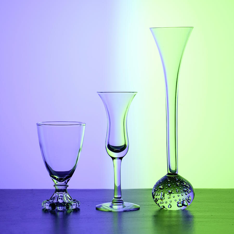 Still Life Photograph - Elegant Crystal Glass Curves in Blue and Green by Betty Denise