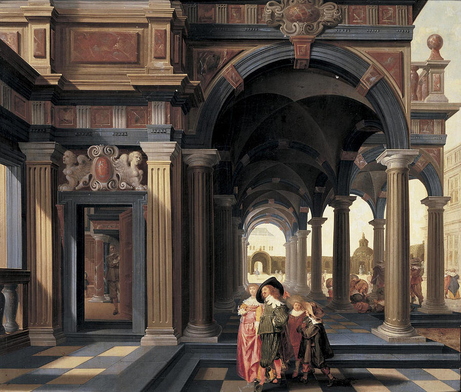 Elegant Figures in a Loggia Painting by Dirck van Delen