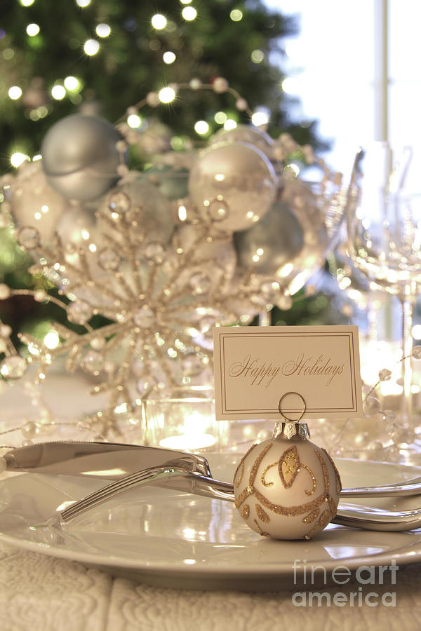 Christmas Photograph - Elegant holiday dinner table with focus on place card by Sandra Cunningham