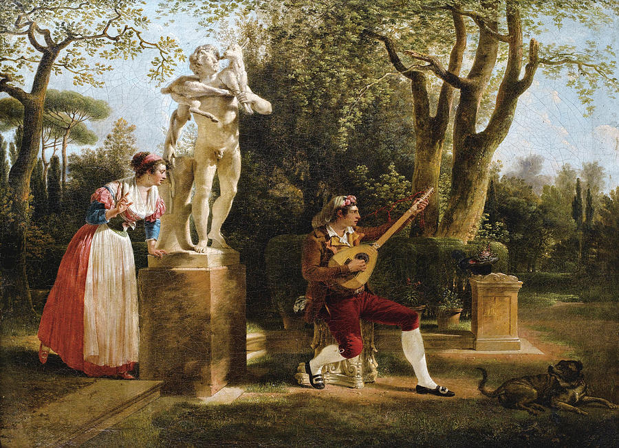 Elegante Listening to a Guitar Player in a Park in Rome Painting by Jacques Sablet