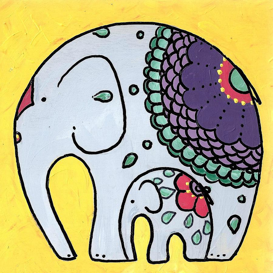 Caroline Painting - Elephant and Child on yellow by Caroline Sainis Caroline Painting - Elephant and Child on yellow by Caroline Sainis