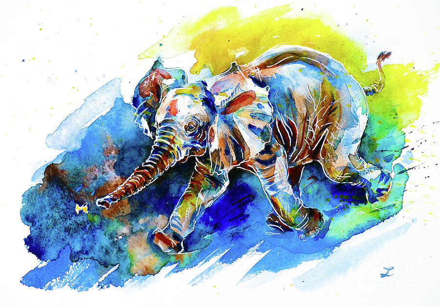Elephant Calf playing with Butterfly Painting by Zaira Dzhaubaeva
