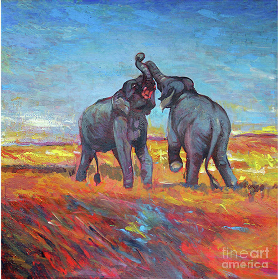 Elephant duel Painting by Manjula Karunathilaka