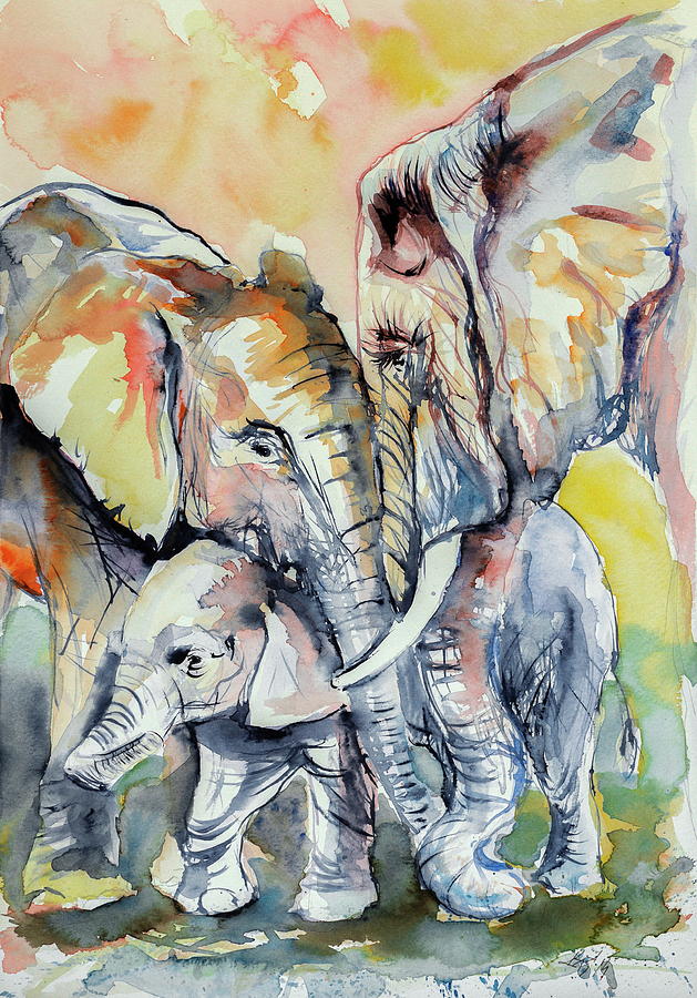 Elephant Painting - Elephant family by Kovacs Anna Brigitta