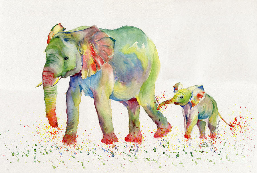 Elephant Family Watercolor  Painting by Melly Terpening