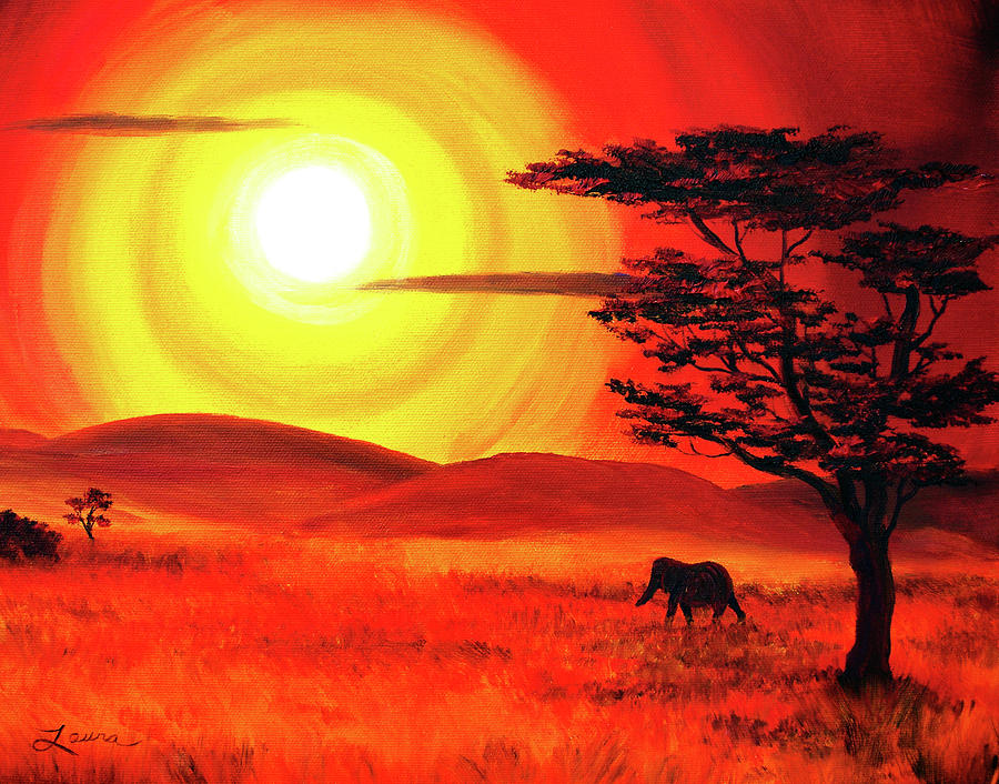 Elephant in a Bright Sunset Painting by Laura Iverson