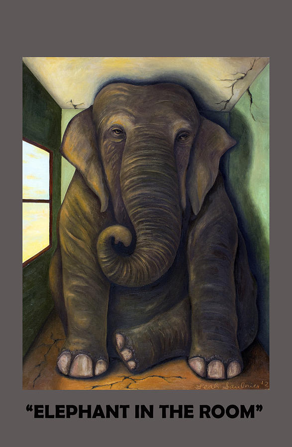 Surrealism Painting - Elephant In The Room with Lettering by Leah Saulnier The Painting Maniac