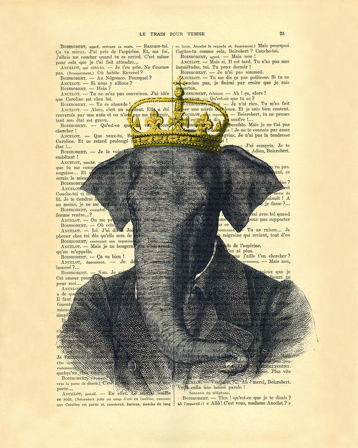 Animal Digital Art - Elephant with crown nursery decor by Madame Memento