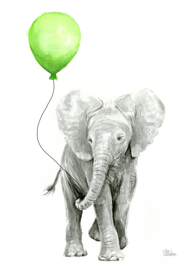 Jungle Painting - Elephant Watercolor Green Balloon Kids Room Art  by Olga Shvartsur