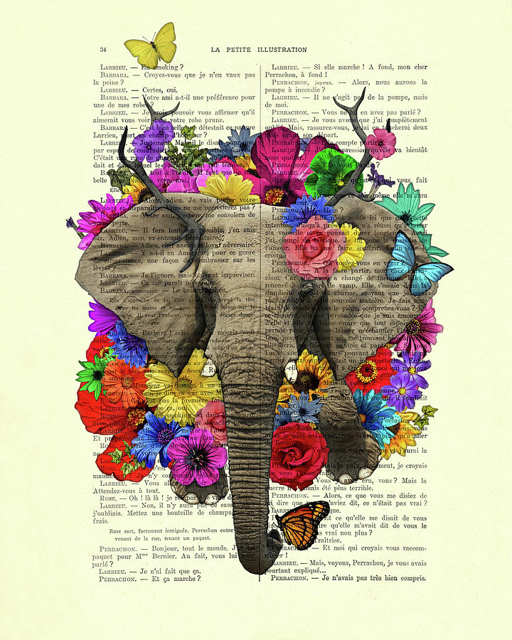 Flower Digital Art - Elephant with colorful flowers illustration by Madame Memento