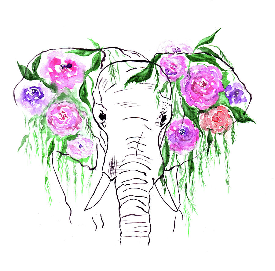 Elephant with flowers Painting by Luba Ost