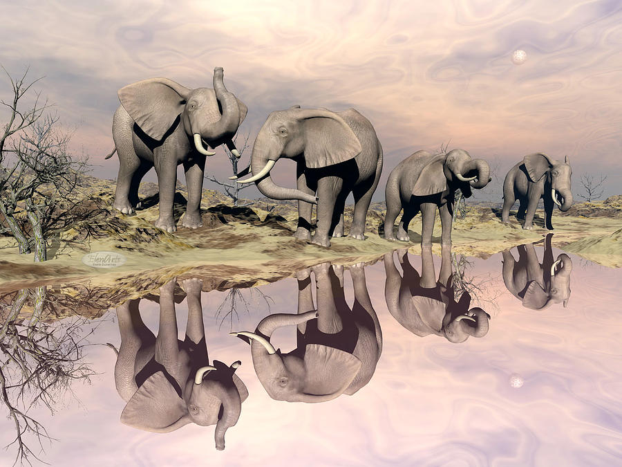 Elephants And Water - 3d Render Digital Art