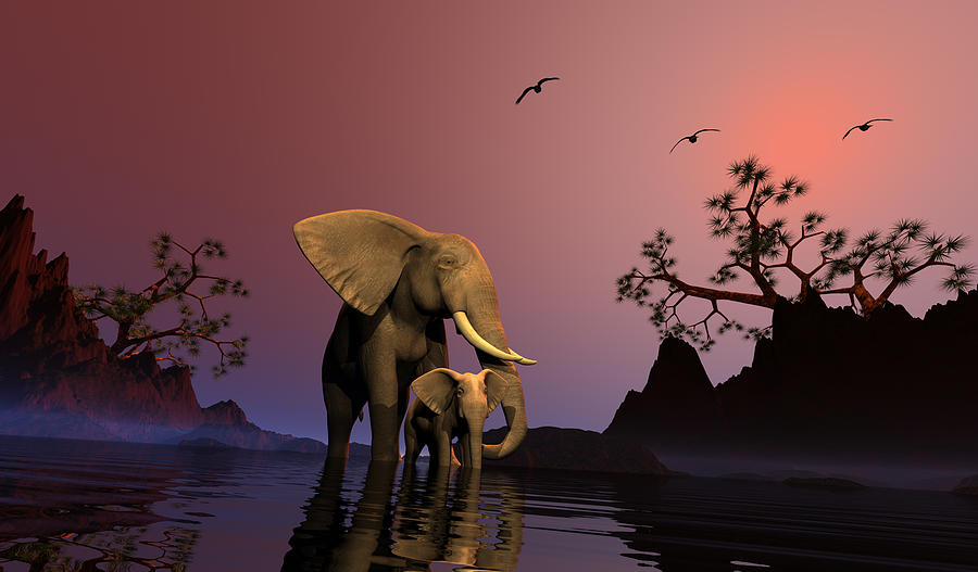 Elephants at the water hole Digital Art by John Junek