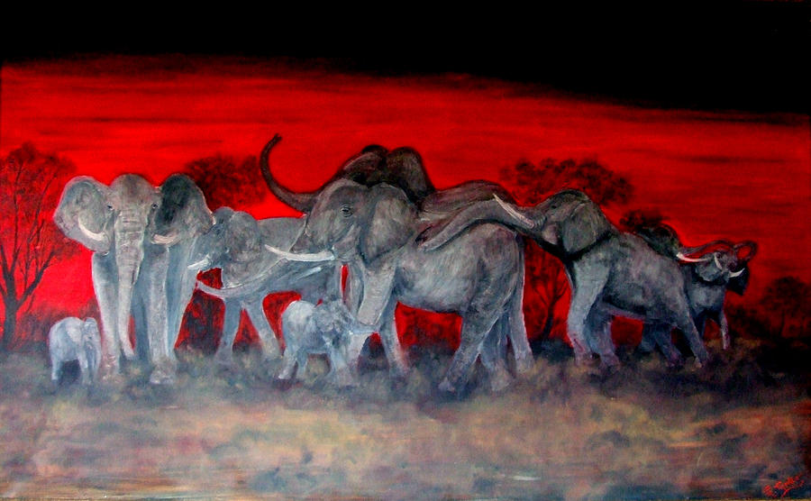 Elephants evening gathering Painting by Mackenzie Moulton