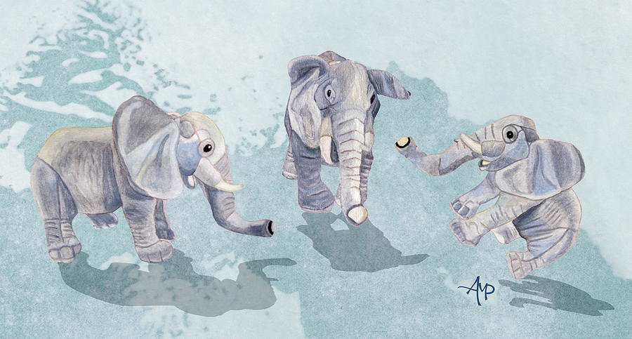 Elephants in blue Mixed Media by Angeles M Pomata