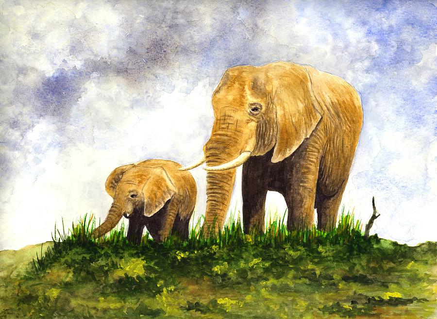 Wildlife Painting - Elephants - Mother and Baby by Michael Vigliotti