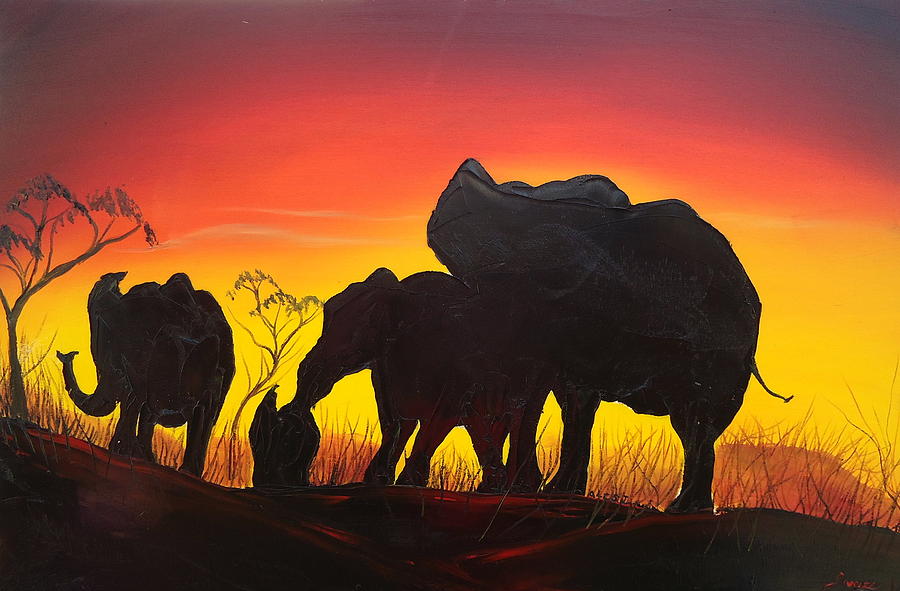 African Animals Painting - Elephants Of The Congo At Sunset by James Dunbar