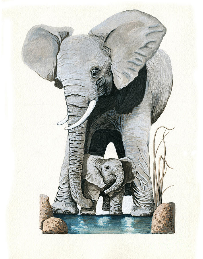Elephants - Protect our Children wildlife painting Painting by Linda Apple