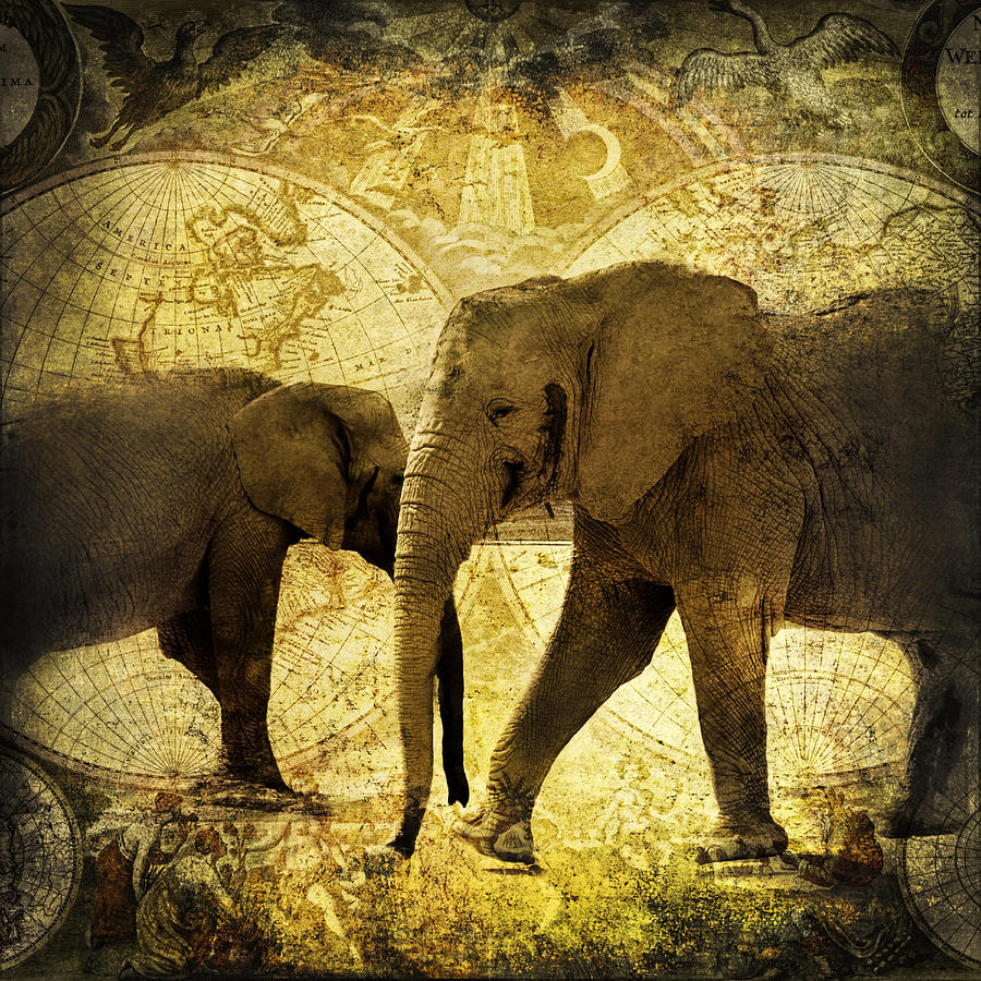 Elephant Photograph - Elephants Roam The Earth Vintage Grunge by Georgiana Romanovna