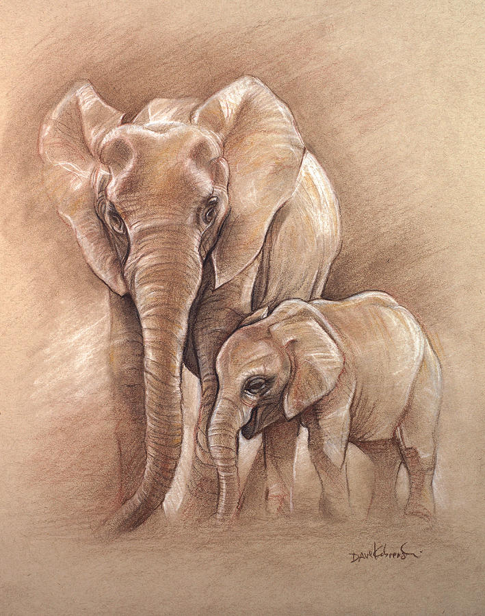 Elephants - Wildlife Drawing Drawing by Dave Kobrenski