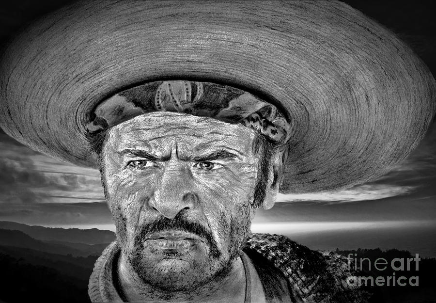 The Good The Bad And The Ugly Digital Art - Eli Wallach as Tuco in The Good the Bad and the Ugly at Sunset black and white version by Jim Fitzpatrick