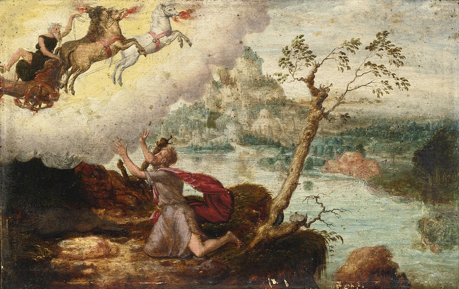Elijah ascending to Heaven in the Fiery Chariot Painting by Herri met de Bles
