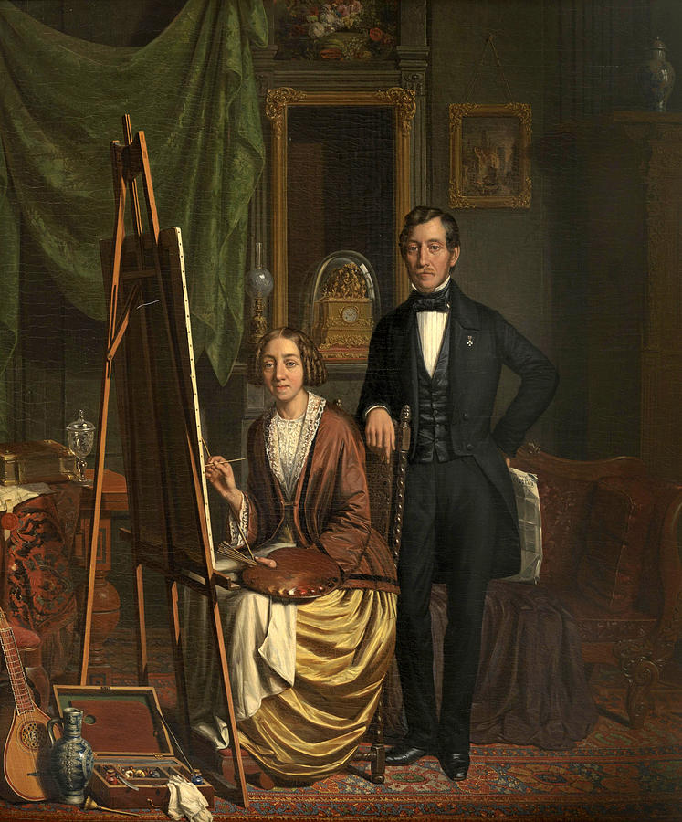 Self-portrait with her husband Petrus Kiers Painting by Elisabeth Alida Haanen