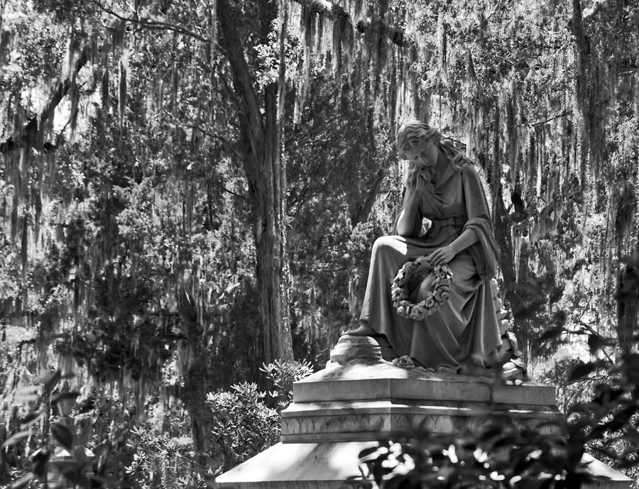 Eliza Wilhelmina Statute in Bonaventure Cemetery Black and White Photograph by Ginger Wakem