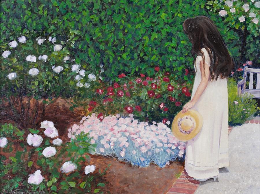 Elizabeth in the Antique Rose Garden Painting by Karen Faire