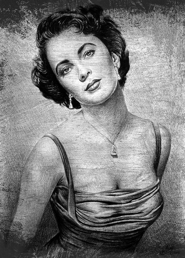 Elizabeth Taylor bw ver 2 Drawing by Andrew Read