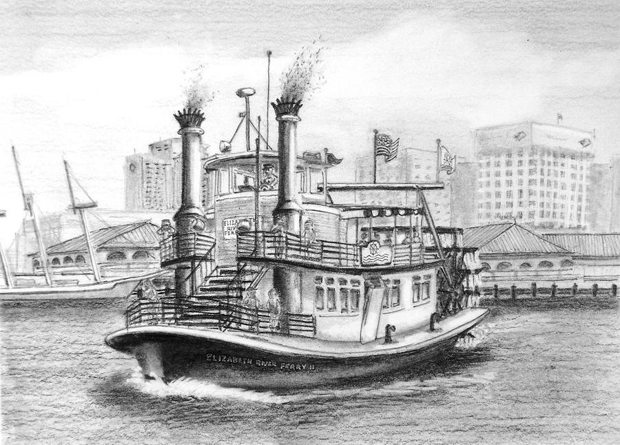 ElizabethRiver Ferry in front of Norfolk Waterside Drawing by Vic Delnore