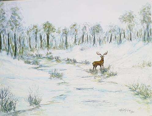 Winter Painting - Elk Teritory by Miroslaw Chelchowski