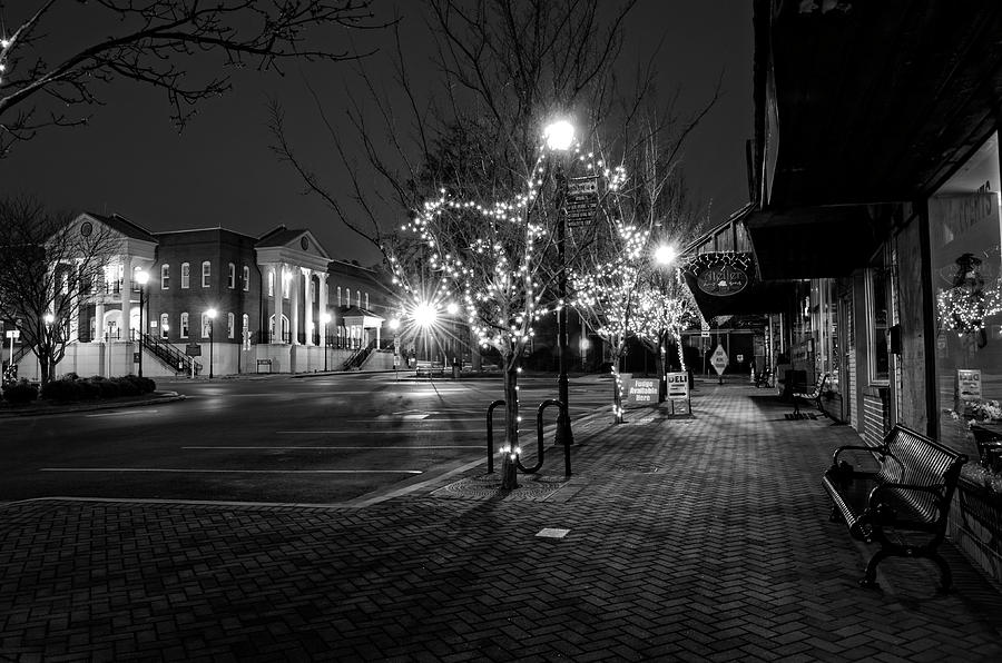 Ellijay Sidewalk At Night In Black And White Photograph by Greg and Chrystal Mimbs
