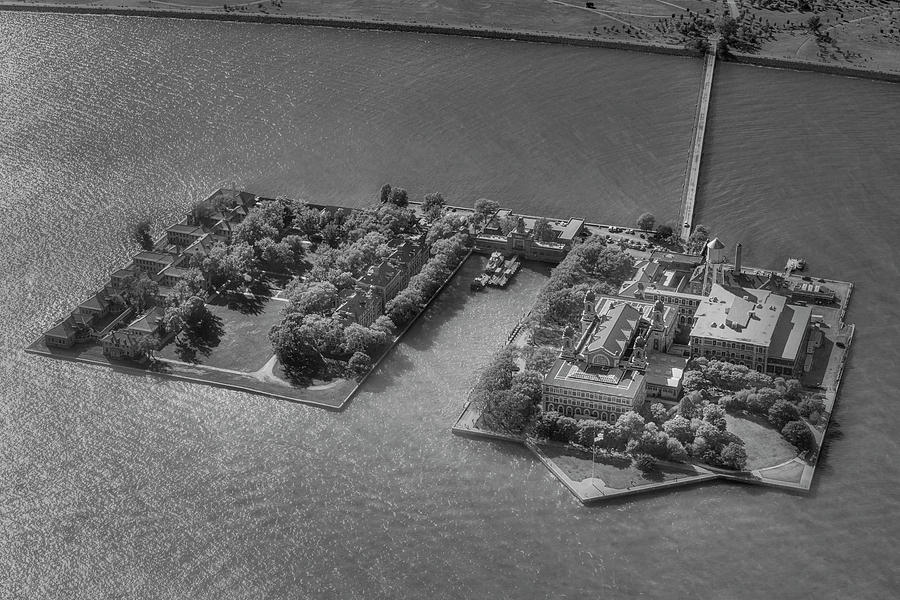 Ellis Island NYC Aerial BW Photograph by Susan Candelario
