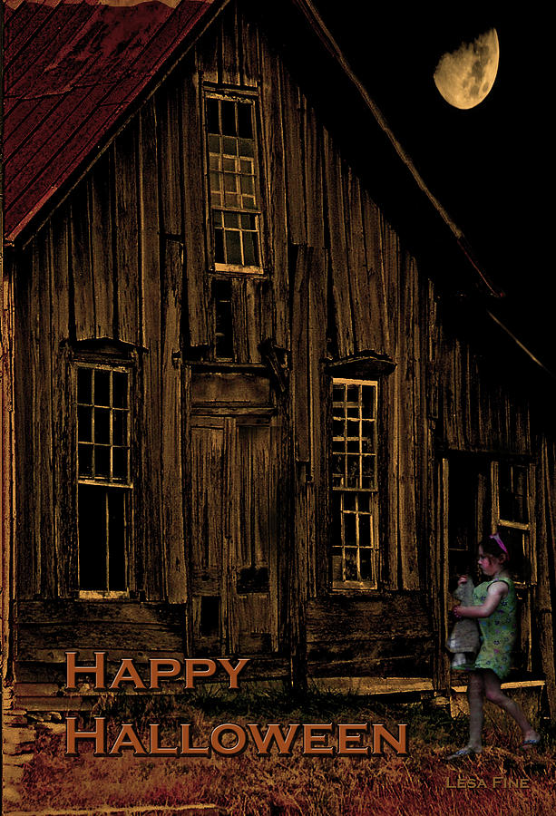 Elora Shacks Moon Happy Halloween Card Photograph by Lesa Fine