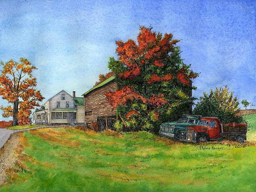 Elwood Farmhouse and Barn, Londonderry, NH  Painting by Elaine Farmer