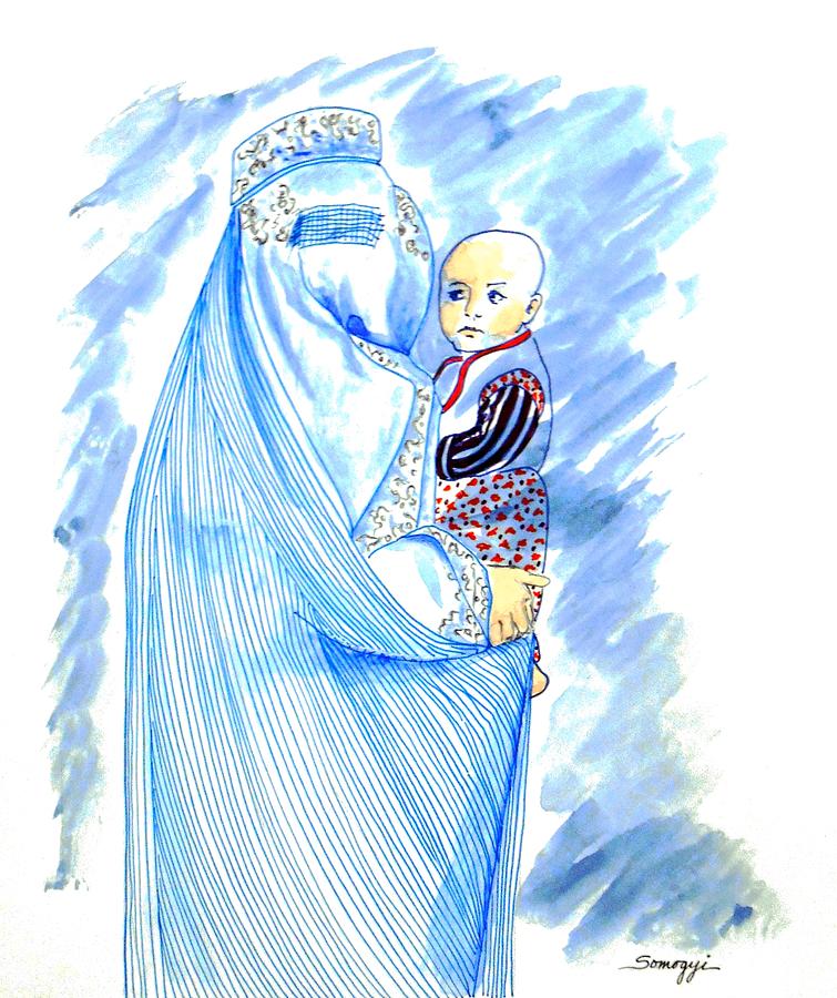 Embroidered Blue Lady-Cage -- Woman in Burka Painting by Jayne Somogy